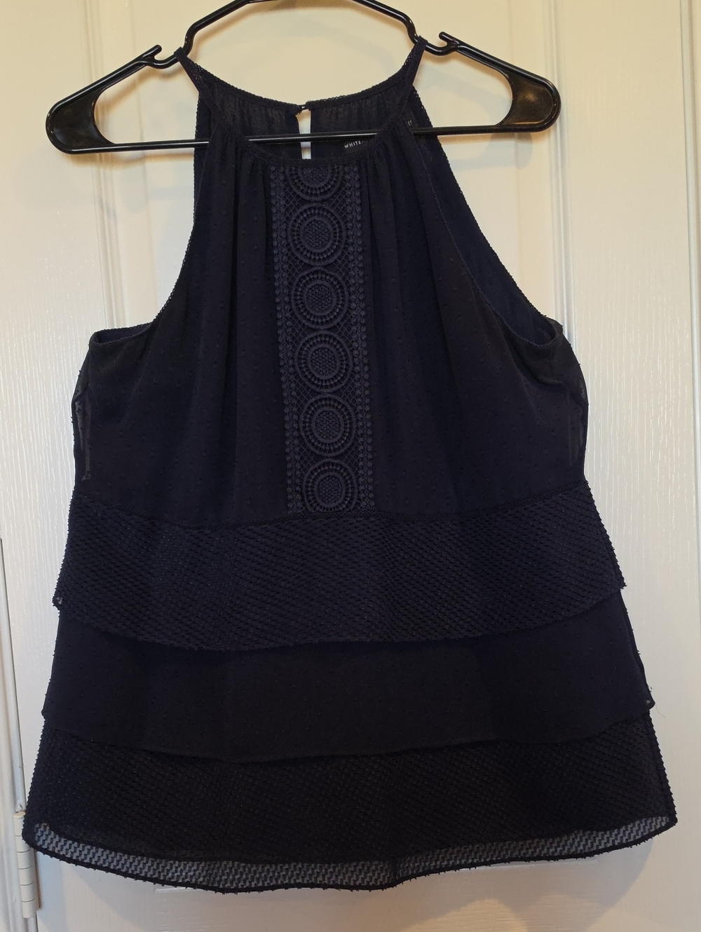 White House Black Market Navy Halter Tiered Blouse, Medium